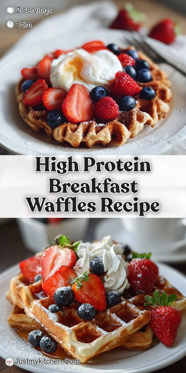 Close-up shows a fluffy waffle, its golden grid holding pools of melted butter. Sprinkled with juicy red raspberries, a te...