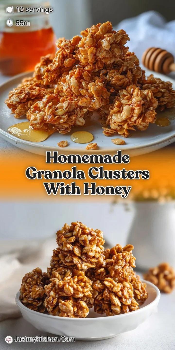Close-up of a crunchy honey granola cluster, highlighting the toasted oats, visible nuts, and sticky, caramelized honey co...
