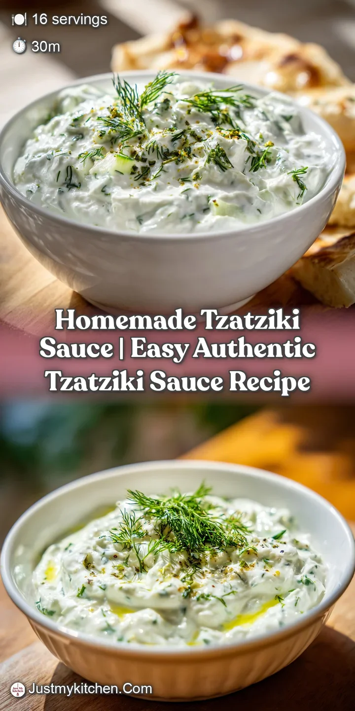Creamy, thick tzatziki with a fresh, bright green herb garnish, invitingly cool.