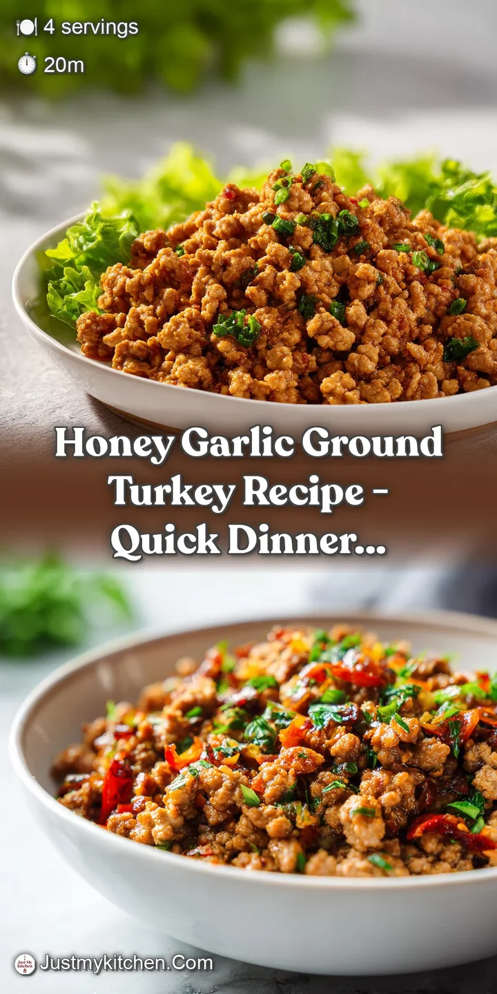 Close-up captures the sticky, caramelized texture of honey garlic ground turkey, showcasing the savory herbs and glistenin...