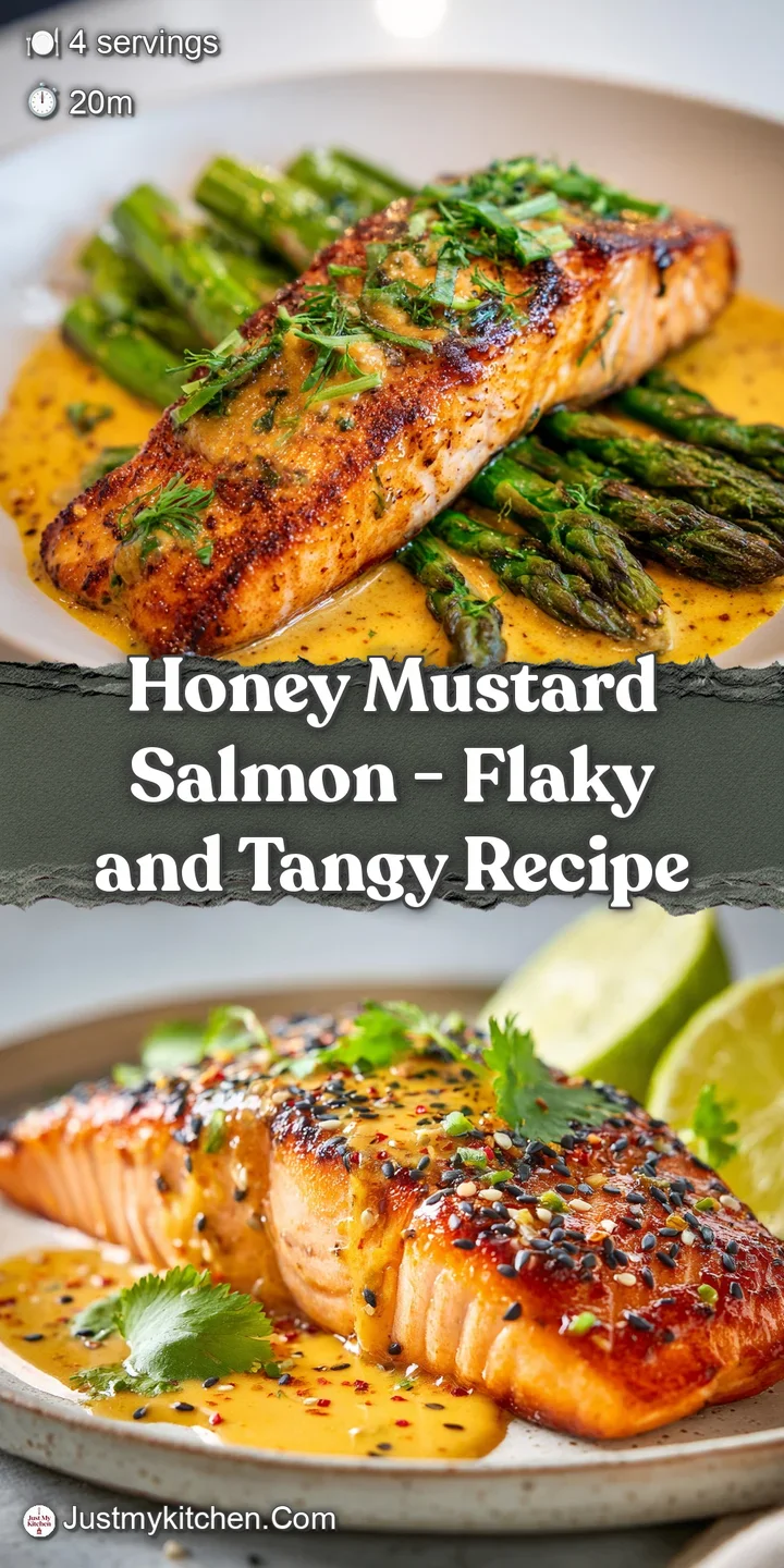 Close-up shows flaky salmon, caramelized edges from the honey mustard glaze, and a vibrant, flavorful sauce glistening in ...