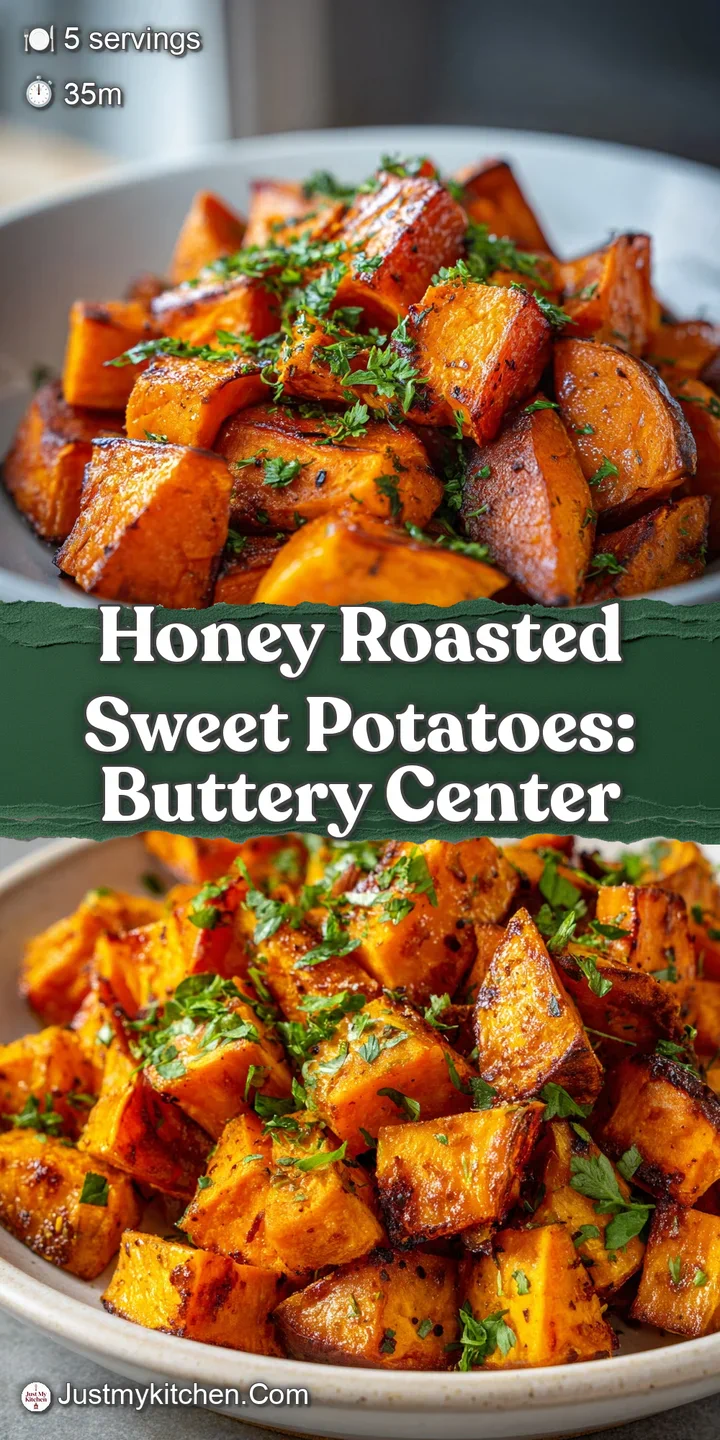 Close-up of a single, perfectly roasted sweet potato cube, the sticky honey glaze catching the light, looks warm and savory.
