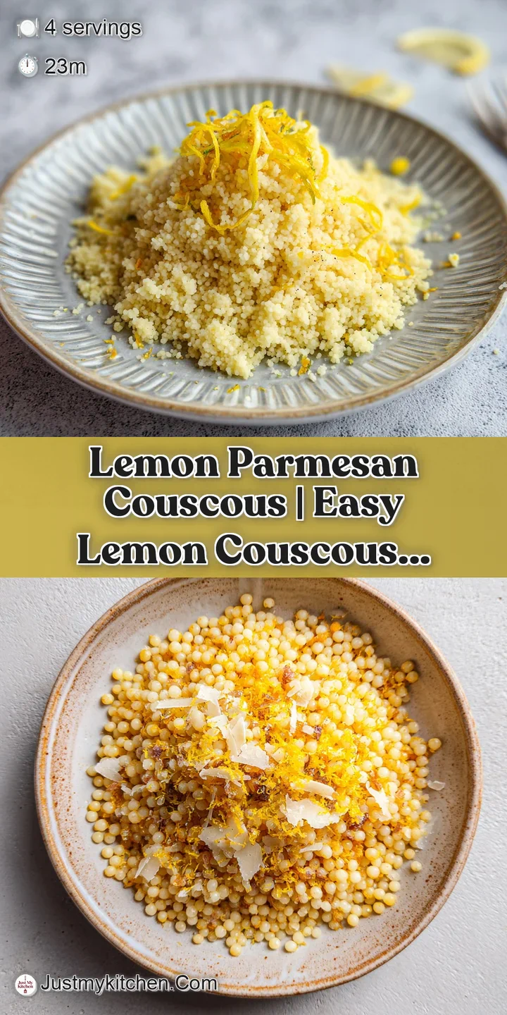 Extreme close-up of glistening couscous grains mixed with melted parmesan and vibrant yellow lemon zest.