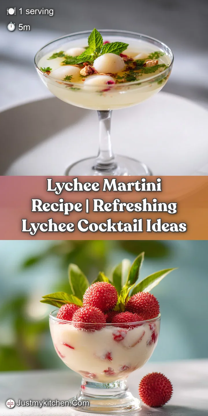Crystal clear lychee martini with a vibrant pink hue, glistening with condensation, and a single lychee.