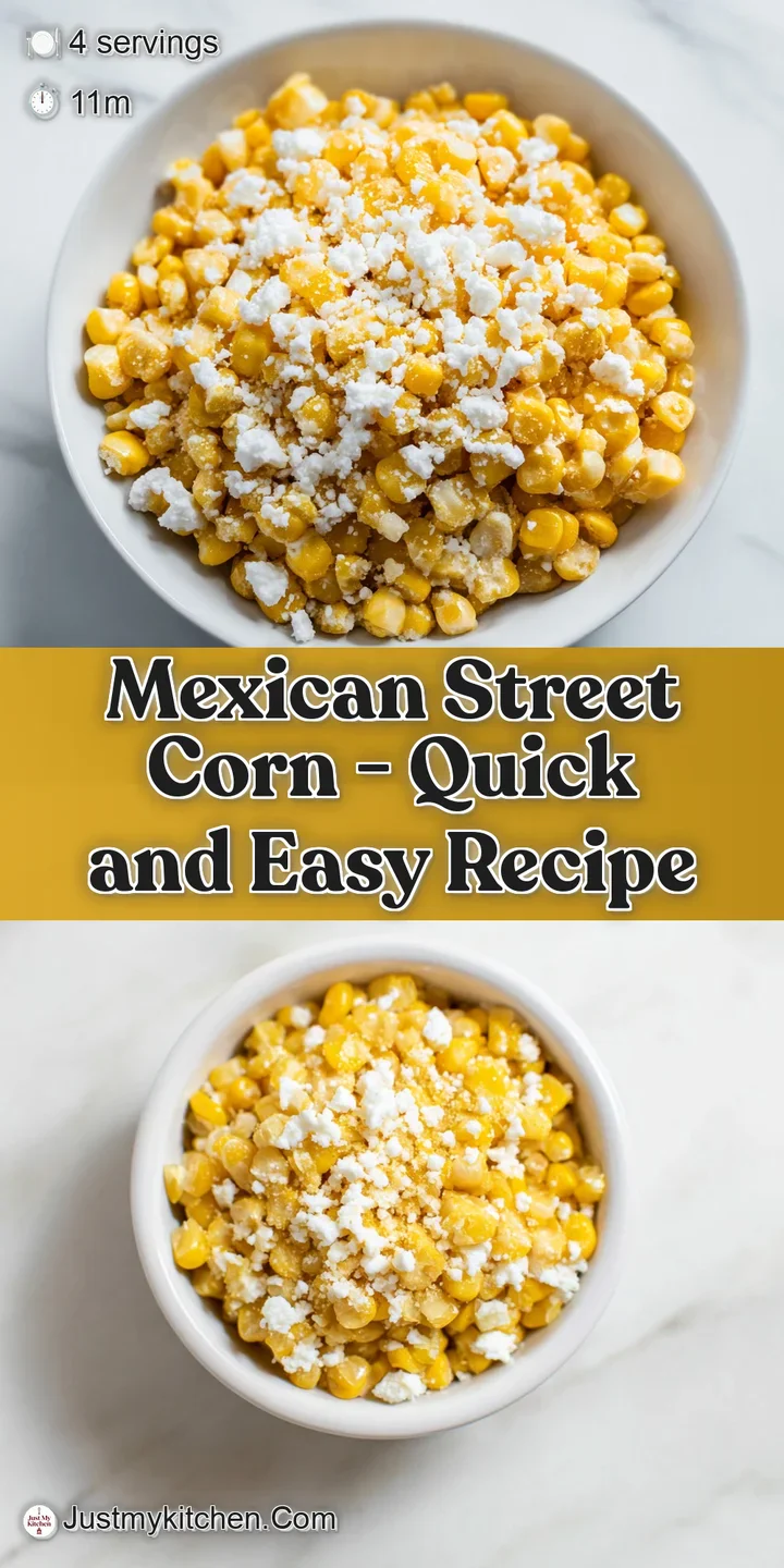 Close-up of golden charred corn kernels smothered in creamy white sauce, salty crumbled cheese, and red chili flakes.