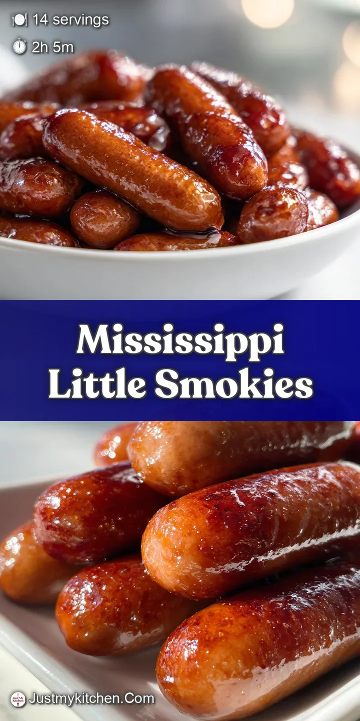 Close-up of a slow-cooked Little Smokie, glazed with a dark, sweet, tangy sauce. The sausage's wrinkled skin shows tender ...