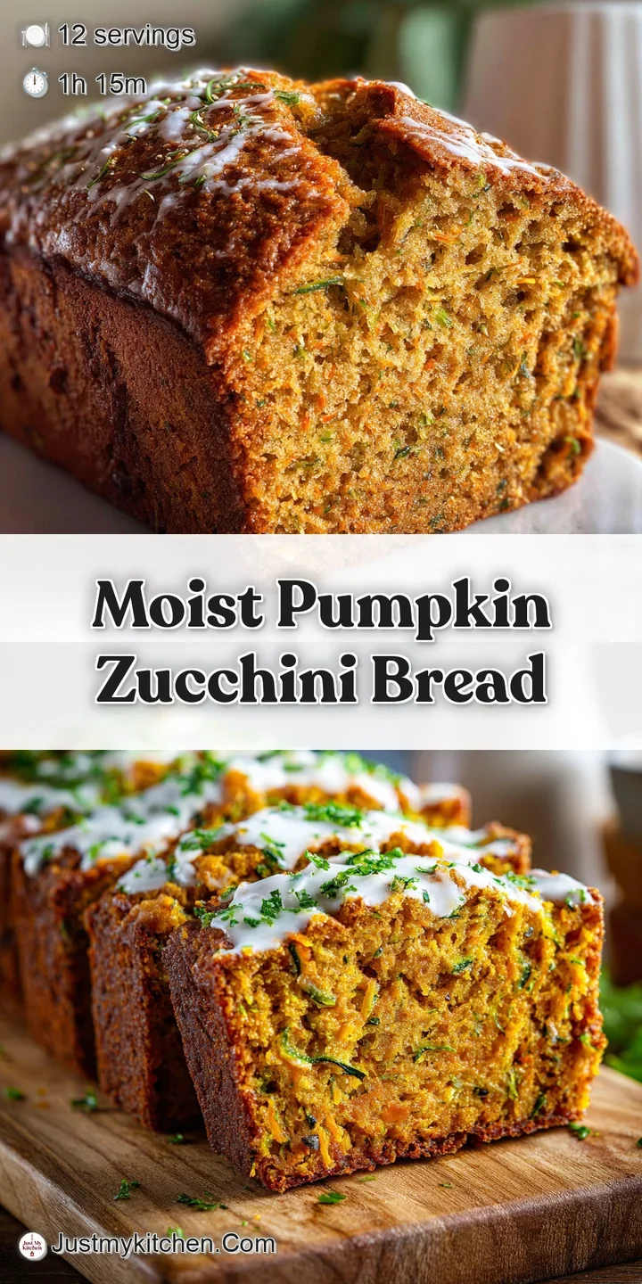 Close-up reveals the moist crumb of pumpkin zucchini bread, flecked with green zucchini and pumpkin spice, hinting at a so...