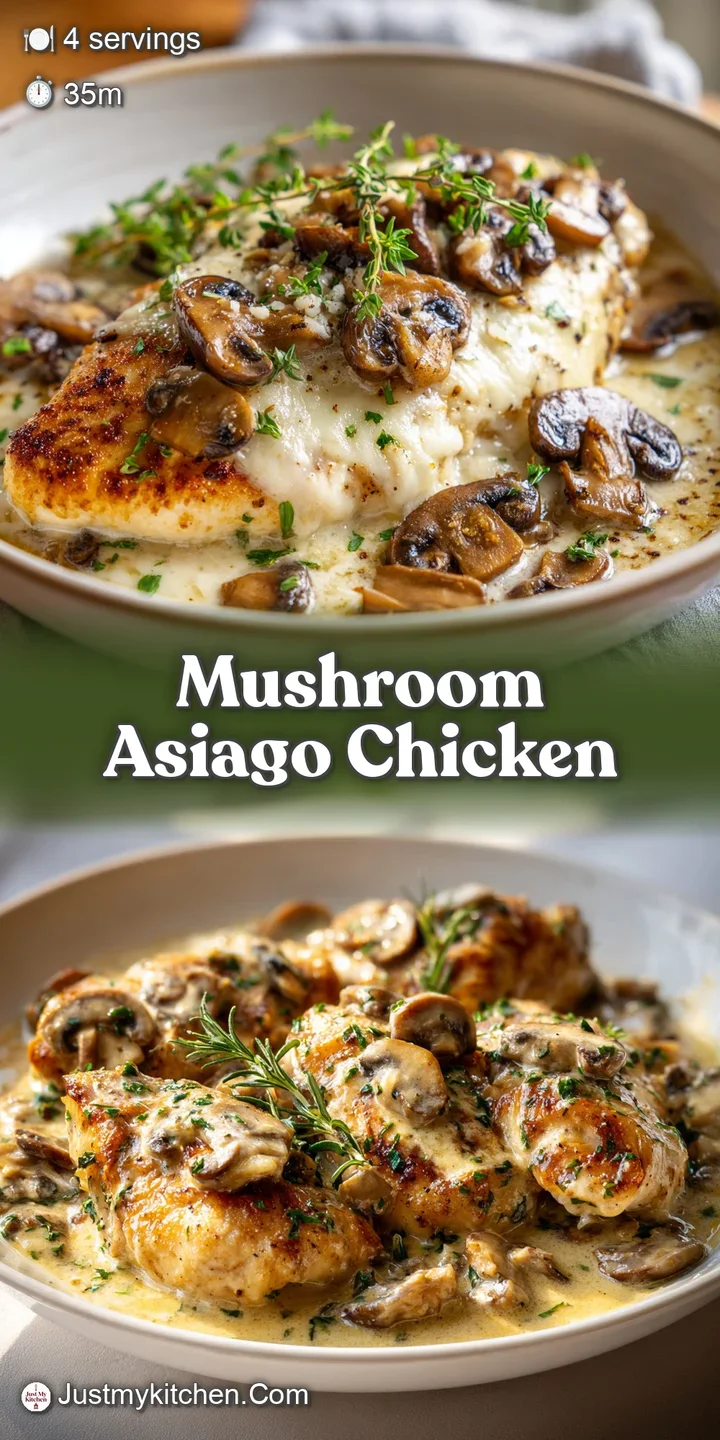 Close-up of creamy mushroom and cheese sauce blanketing juicy chicken, promising a rich, savory bite.