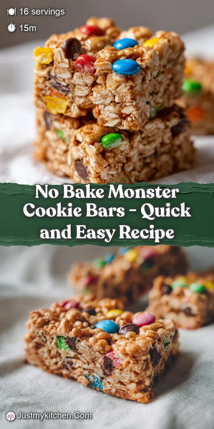 Close-up of a monster cookie bar showcasing colorful candies and chocolate chips suspended in a creamy oat base. Delicious...