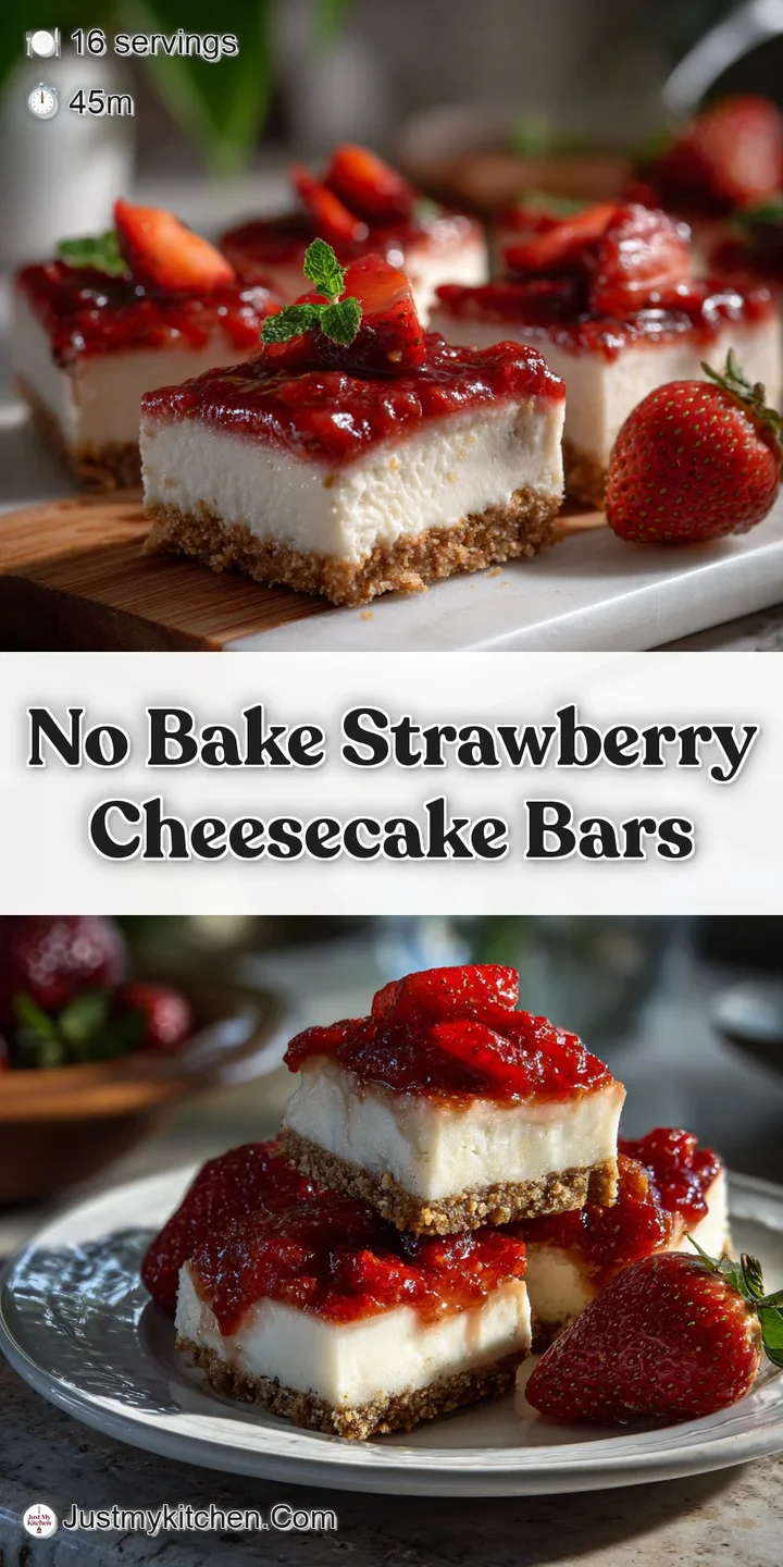 Close-up of a no-bake strawberry cheesecake bar highlighting the smooth, rich texture and vibrant, juicy strawberries swir...