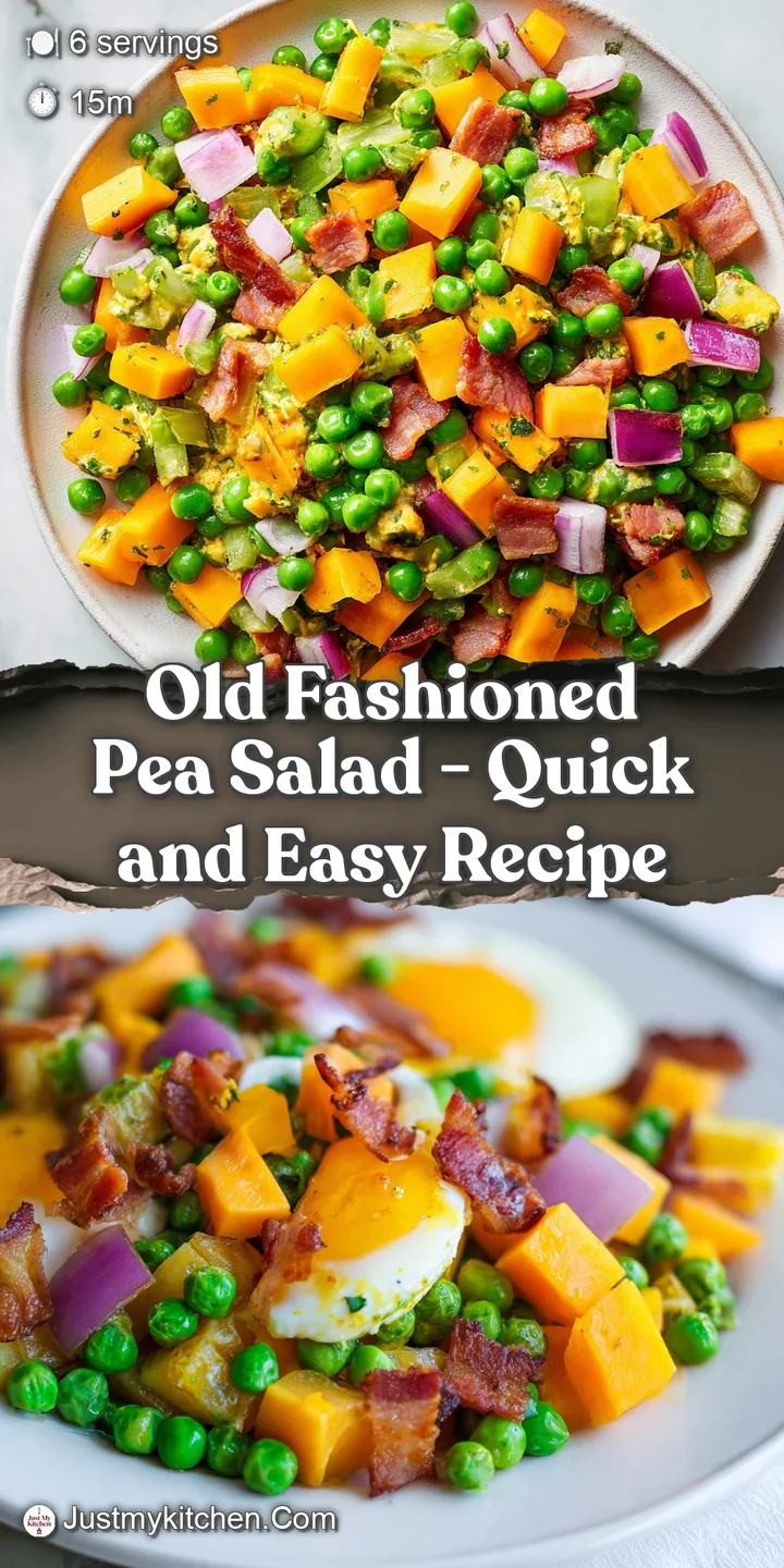Close-up of glossy, cream-coated green peas mixed with savory, golden-brown bacon bits and diced red onion.