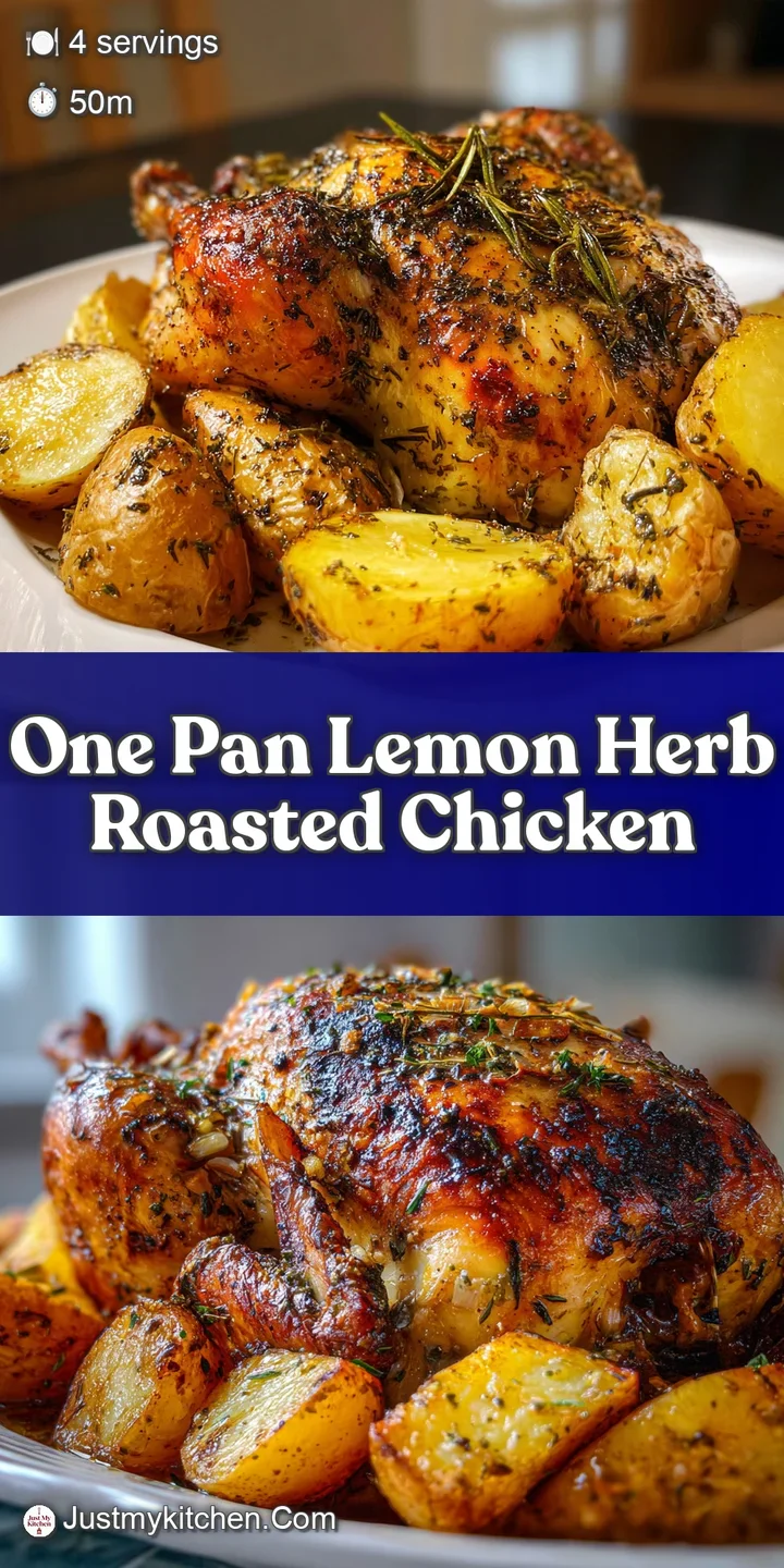 Close-up of glistening roasted chicken skin, flecked with herbs, promising savory flavors. Juices pool invitingly on the pan.