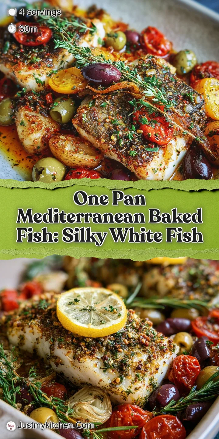 Close-up of tender, flaky white fish amidst sun-dried tomatoes, olives, and vibrant green herbs, glistening with olive oil...