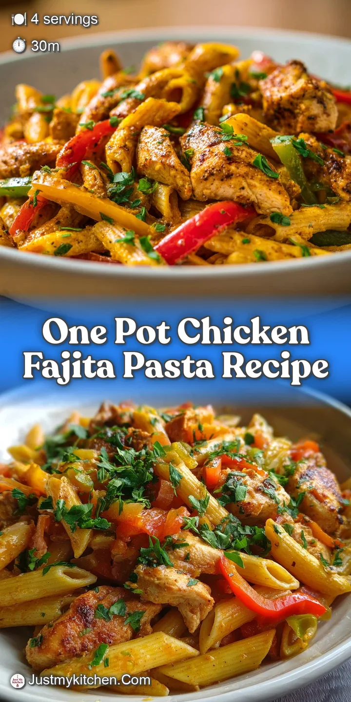 Close-up of twirled pasta coated in creamy sauce, tender chicken, and soft pepper strips. Chili flakes add a pop of color ...