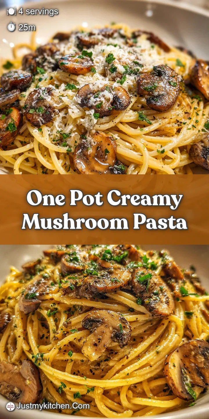 Close-up of one-pot mushroom pasta. Plump, juicy mushrooms mingle with al dente pasta in a rich, creamy sauce. Freshly gro...