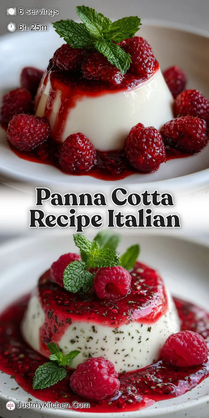 Close-up of creamy white panna cotta with a luscious red raspberry sauce. Mint leaves offer a refreshing, aromatic touch t...