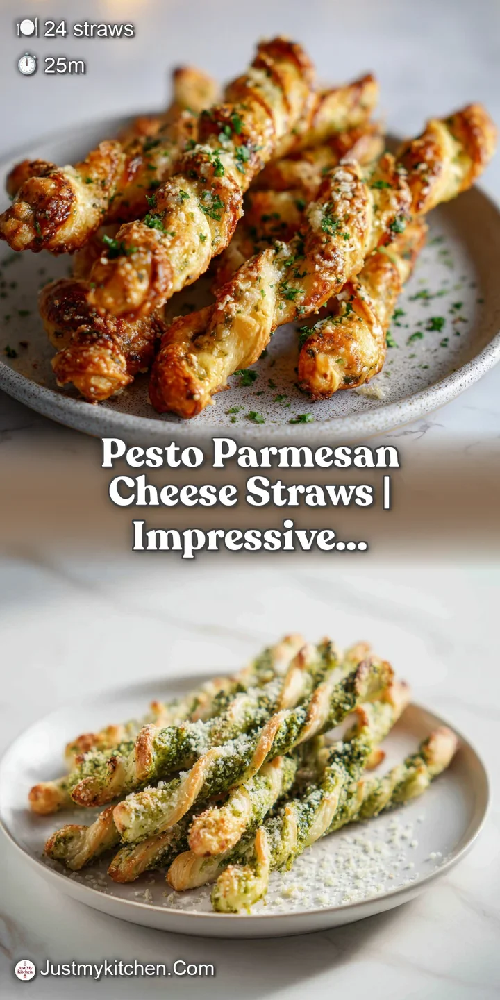 Close-up of a crispy, golden cheese straw, generously coated in green pesto and grated parmesan. Savory and appetizing, fl...