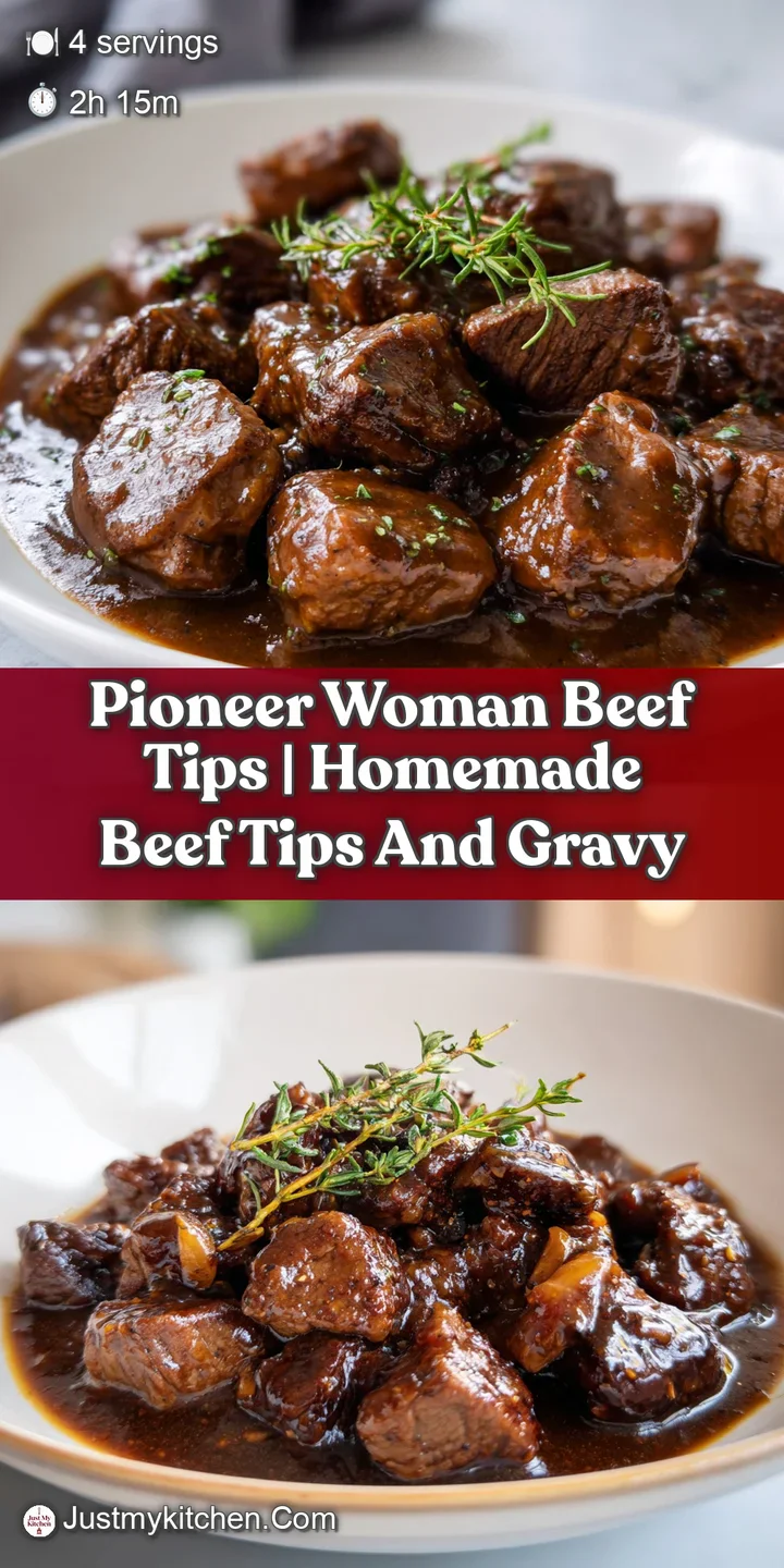 Extreme close-up of succulent beef tips glistening in a rich, dark brown gravy with a smooth, silky texture.