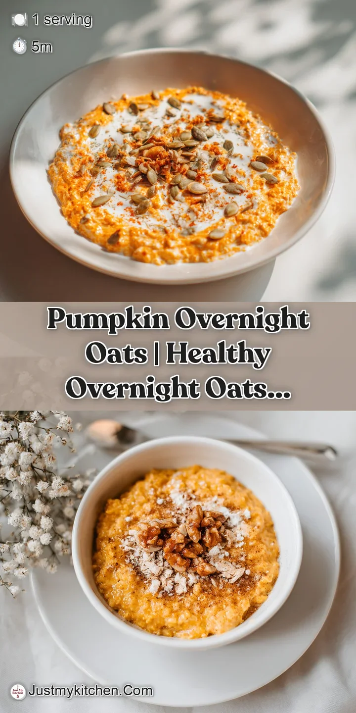 Close-up of vibrant orange pumpkin overnight oats, showcasing creamy texture and chia seed speckles.