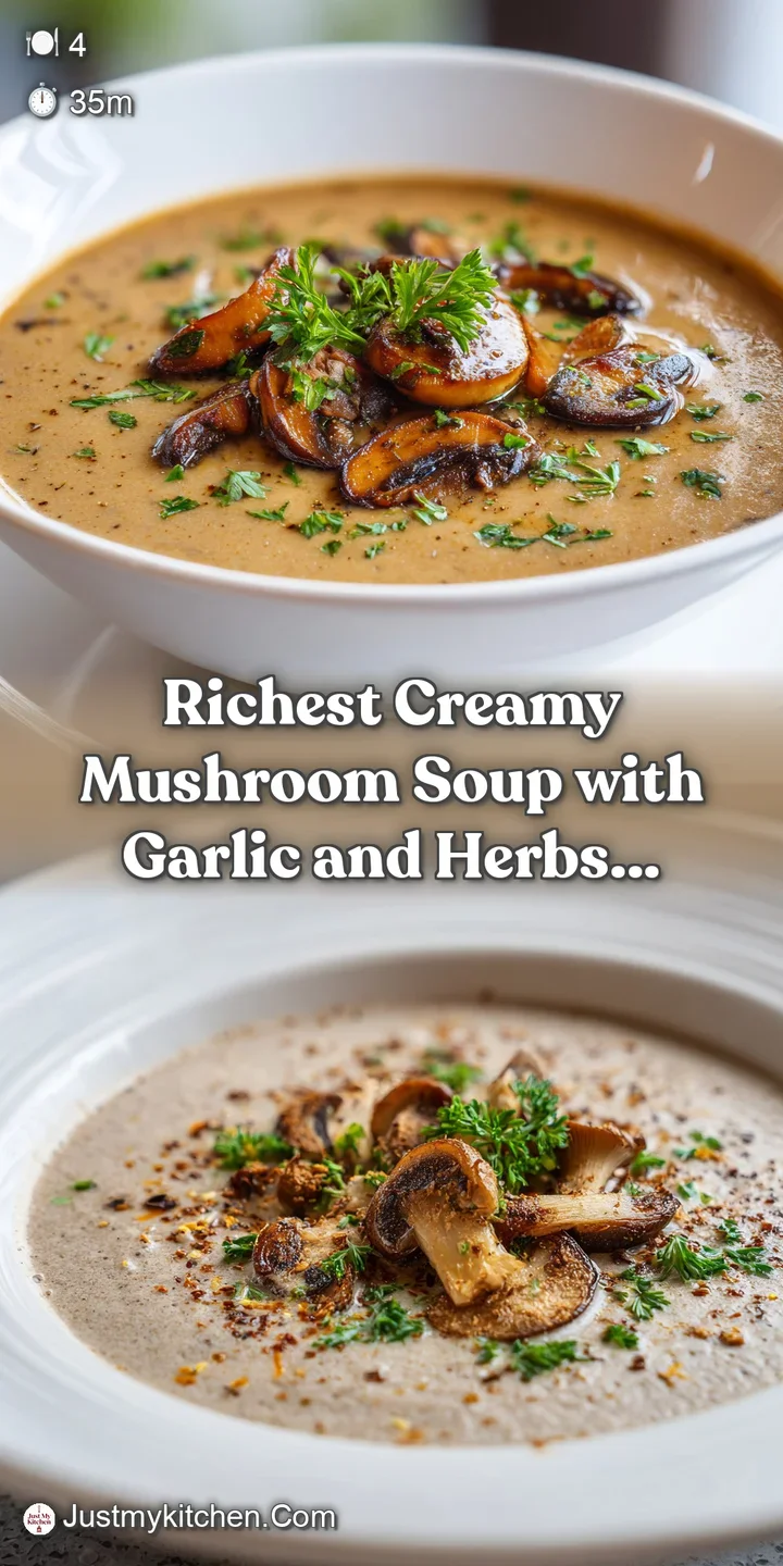 Close-up of rich, earthy mushroom soup, highlighting its velvety texture and speckled with bits of tender mushrooms and fr...
