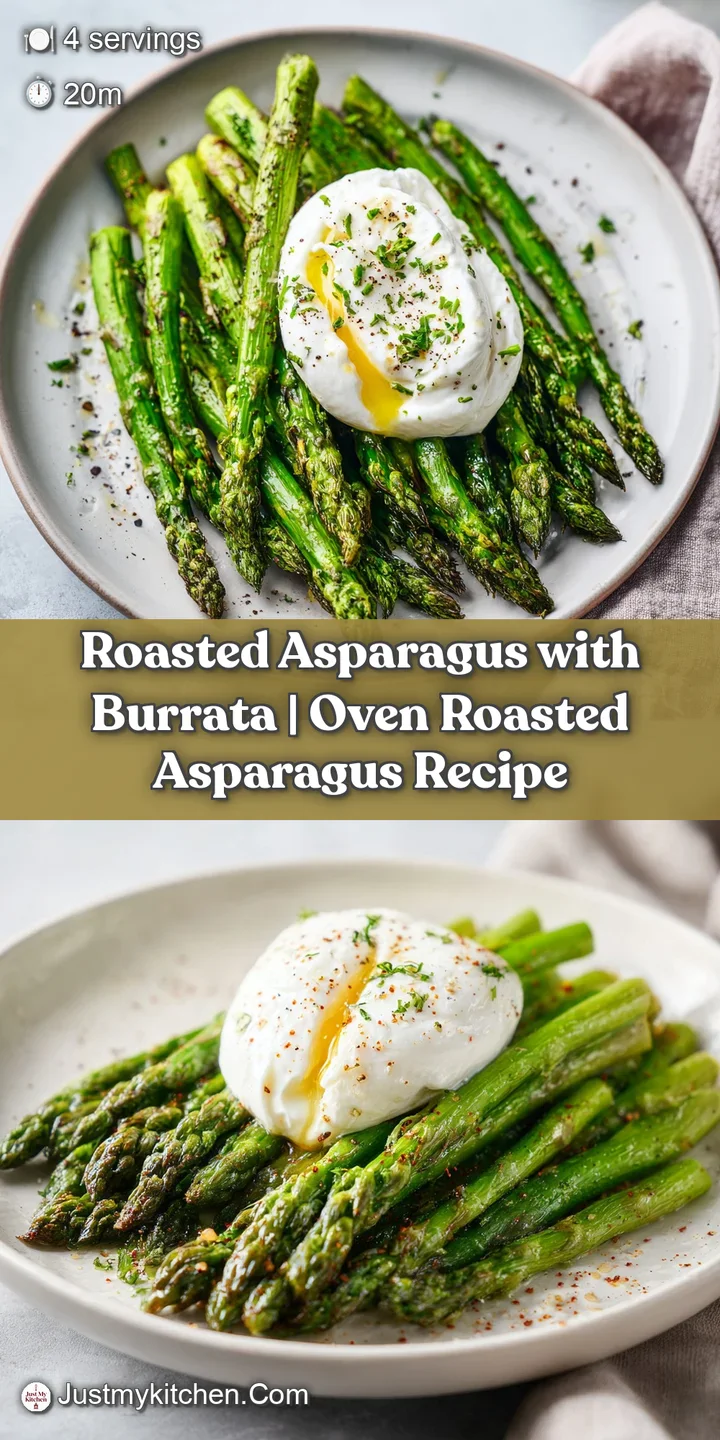 Close-up of a plump, creamy burrata cheese melting over vibrant, slightly charred roasted asparagus.