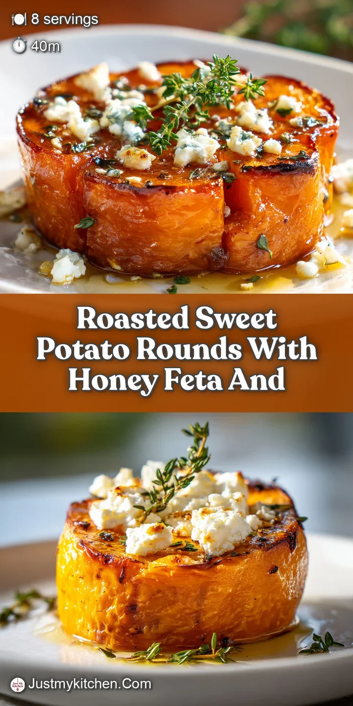 Close-up of honey-glazed sweet potato: toasted edges, creamy feta, and a glistening drizzle. An irresistible combination o...