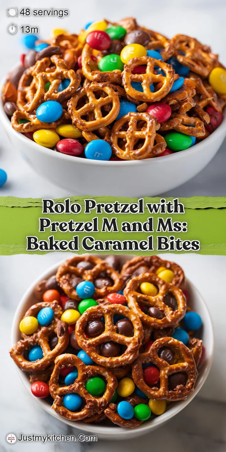 Close-up of a pretzel bite featuring gooey, melted caramel and chocolate with candy-coated M&Ms adding a playful pop.