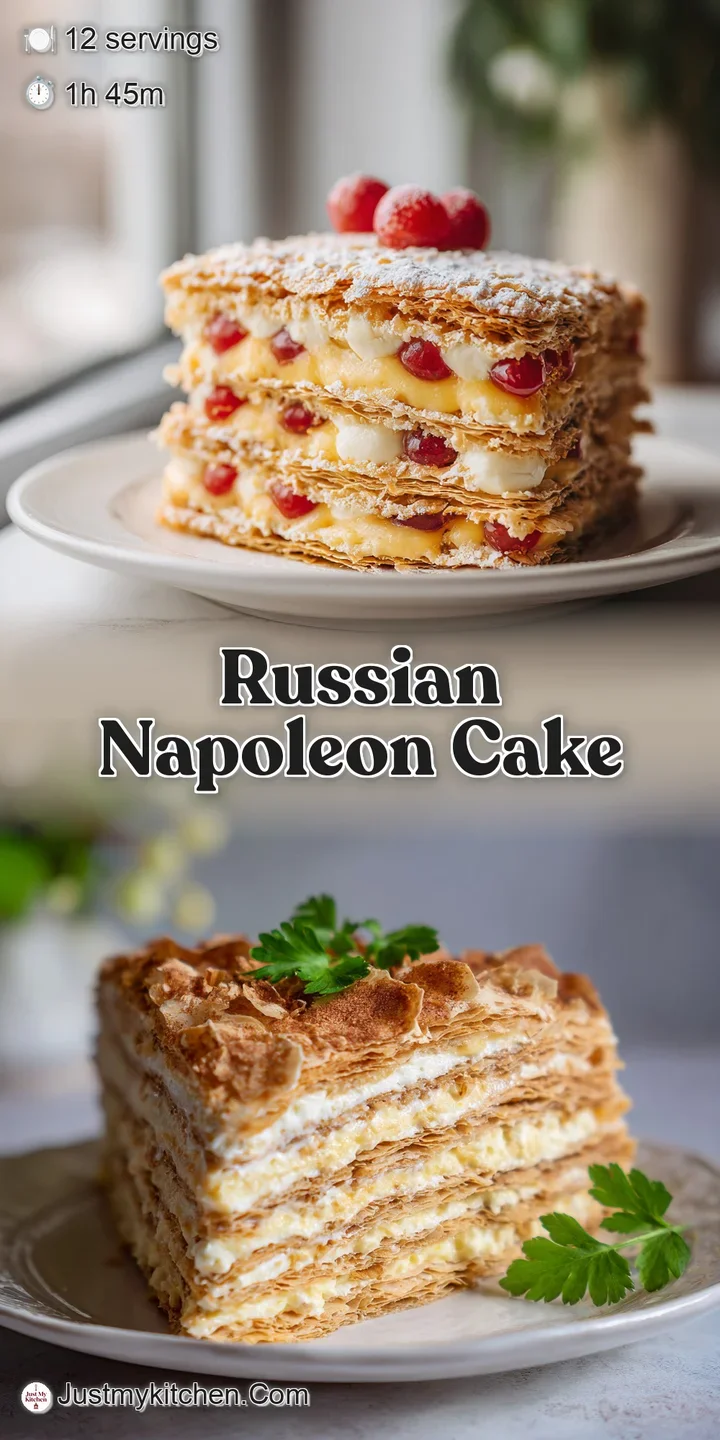 Up-close, this creamy Napoleon cake shows pale yellow custard oozing between delicate and flaky layers, creating a temptin...