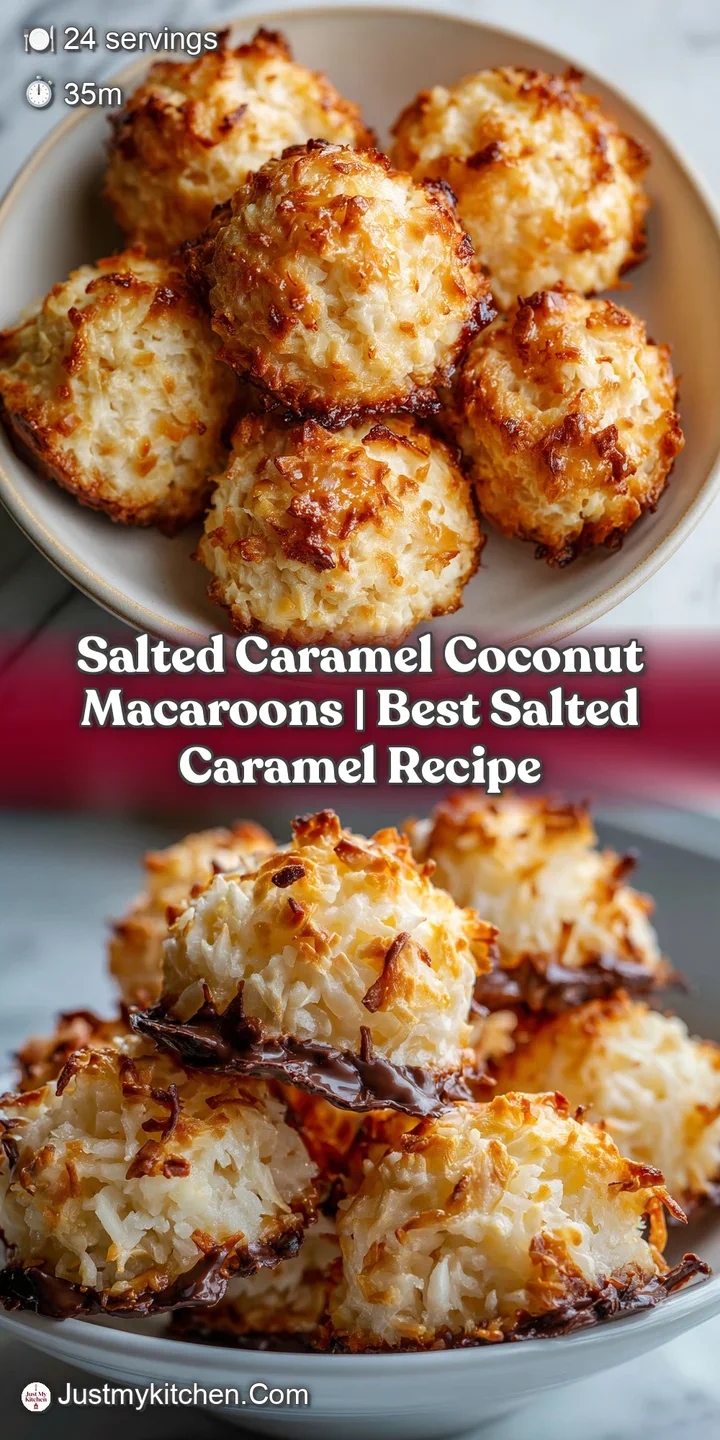 Close-up of a chewy salted caramel macaroon with a crackled toffee top and moist coconut shreds.