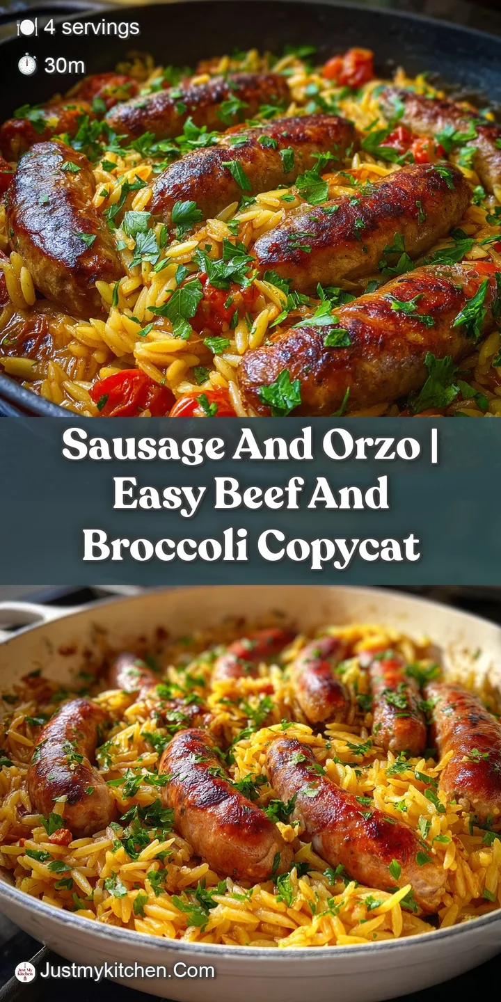 Close-up of glistening orzo pasta studded with savory sausage and vibrant green spinach, coated in a creamy, cheesy sauce.