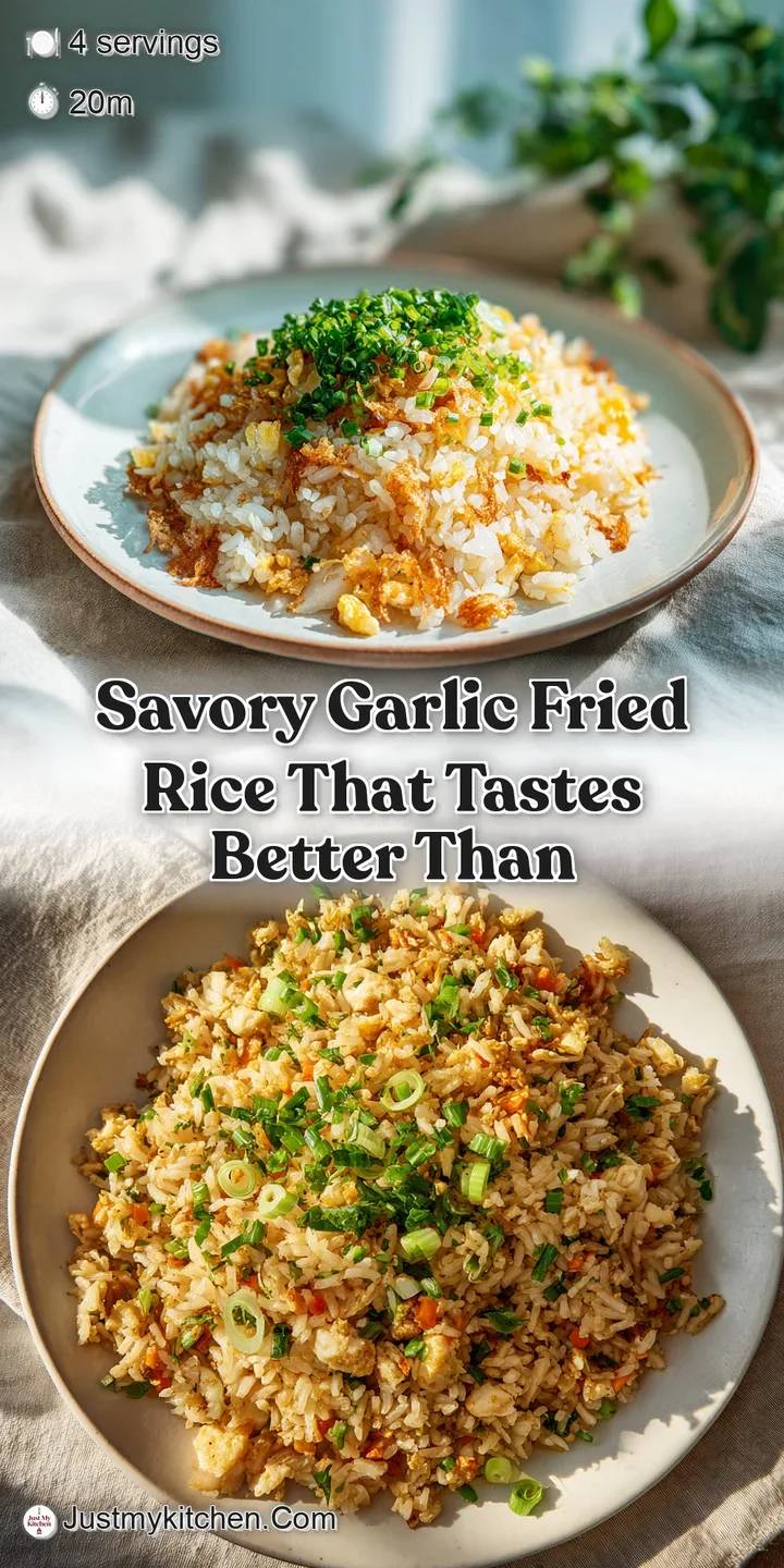 Close-up of fragrant garlic fried rice, showcasing the fluffy texture and visible crispy garlic bits scattered throughout.