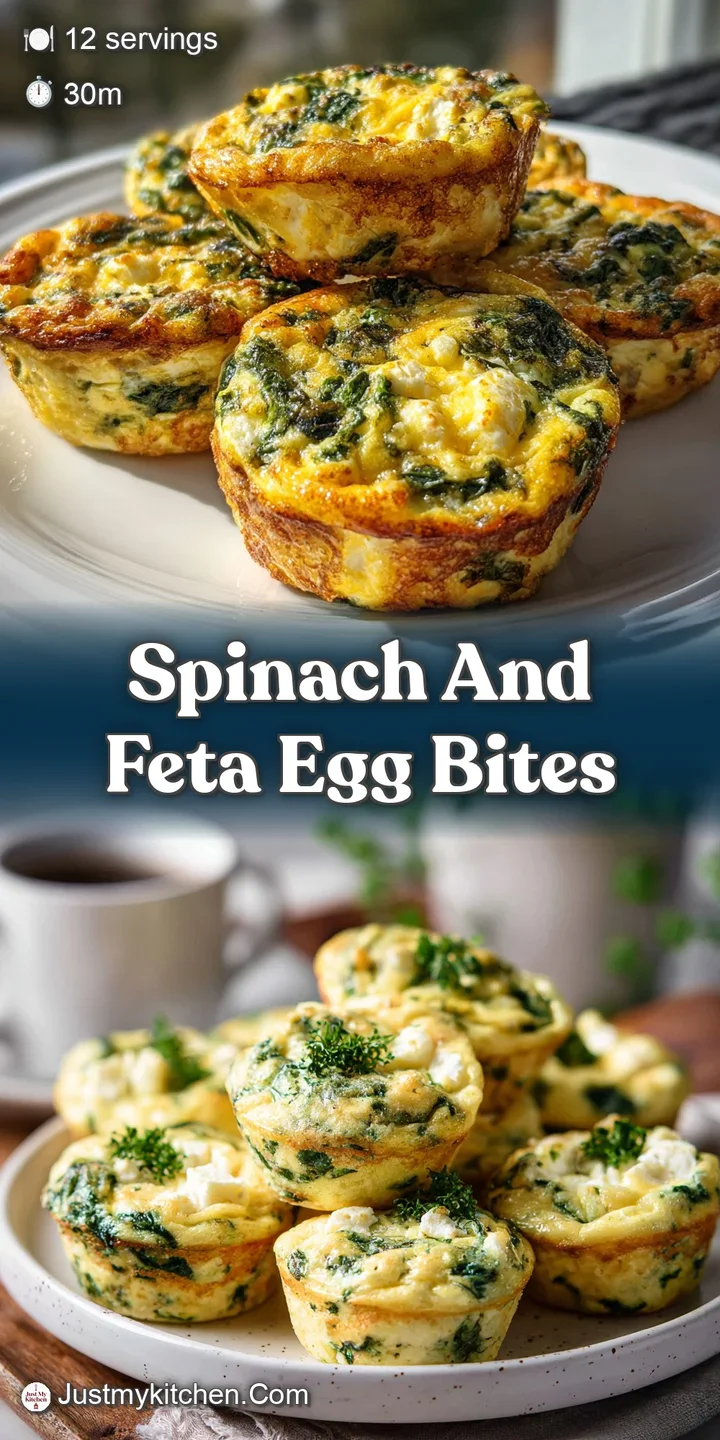 Close-up of a spinach feta egg bite; its porous texture reveals pockets of melted cheese and vibrant green spinach. Warm a...