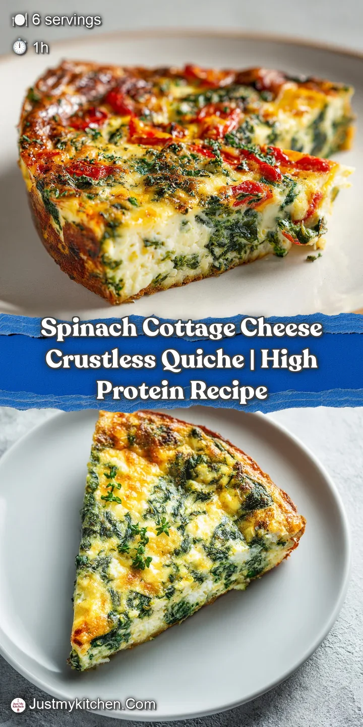Close-up of a spinach and cottage cheese quiche; creamy, soft texture with browned peaks and a scattering of fresh, green ...