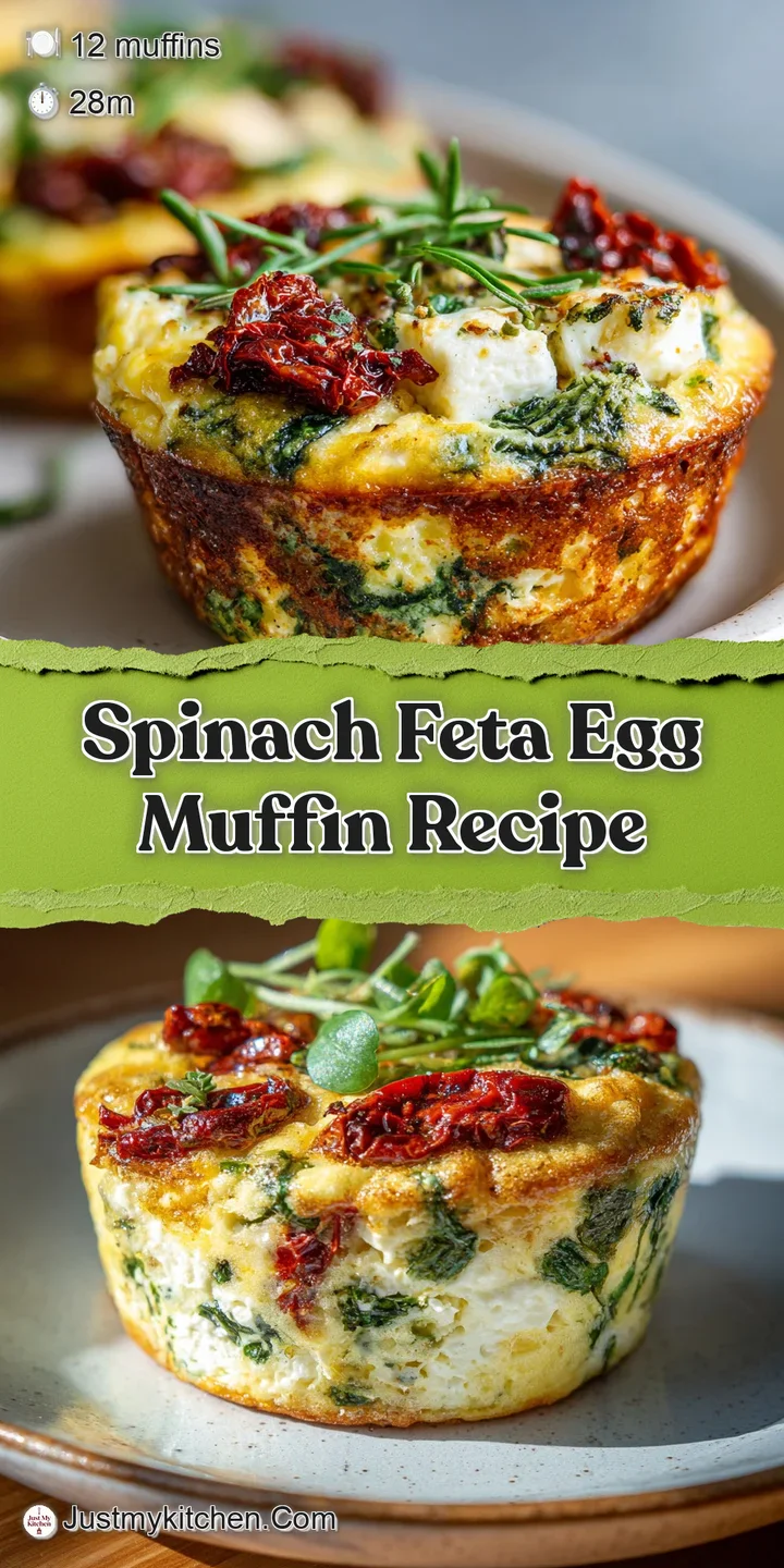 Close-up of a savory egg muffin. You can see the spinach and feta nestled inside, baked to golden perfection.