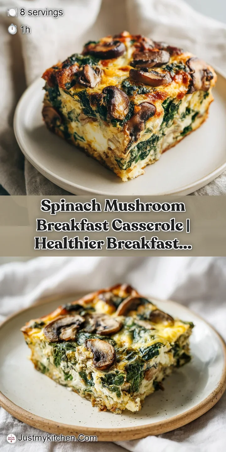 Close-up of a fluffy egg casserole studded with dark green spinach and savory, browned mushrooms, invitingly warm.