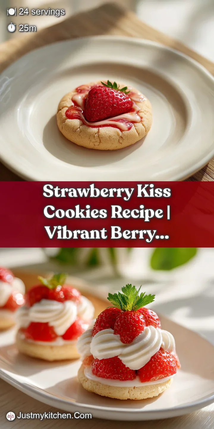 Close-up reveals a strawberry cookie with a soft, chewy interior; powdered sugar creates a slightly frosty, melt-in-your-m...