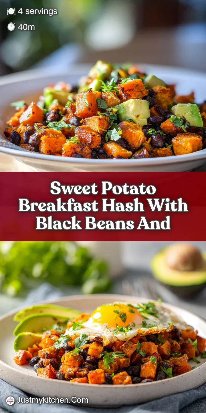 Close-up shows glistening, caramelized sweet potato pieces mixed with earthy black beans and fresh avocado, promising savo...