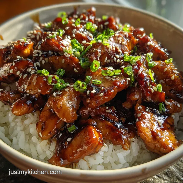 Perfectly glazed teriyaki chicken served over fluffy white rice. Scallions add a pop of fresh green color to the plate.