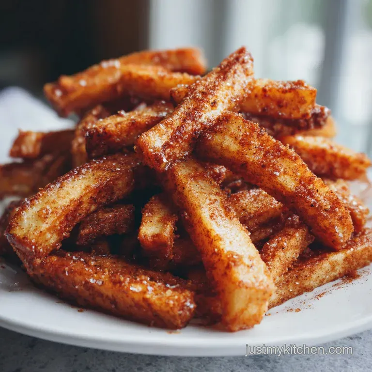 Cinnamon-dusted apple fries in a paper cone, paired with a creamy dipping sauce, elegantly arranged for a delightful desse...