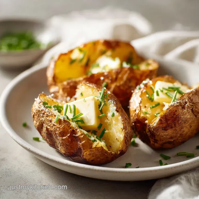Golden-brown potato served on a ceramic plate, topped with melting butter and a dusting of chopped chives.