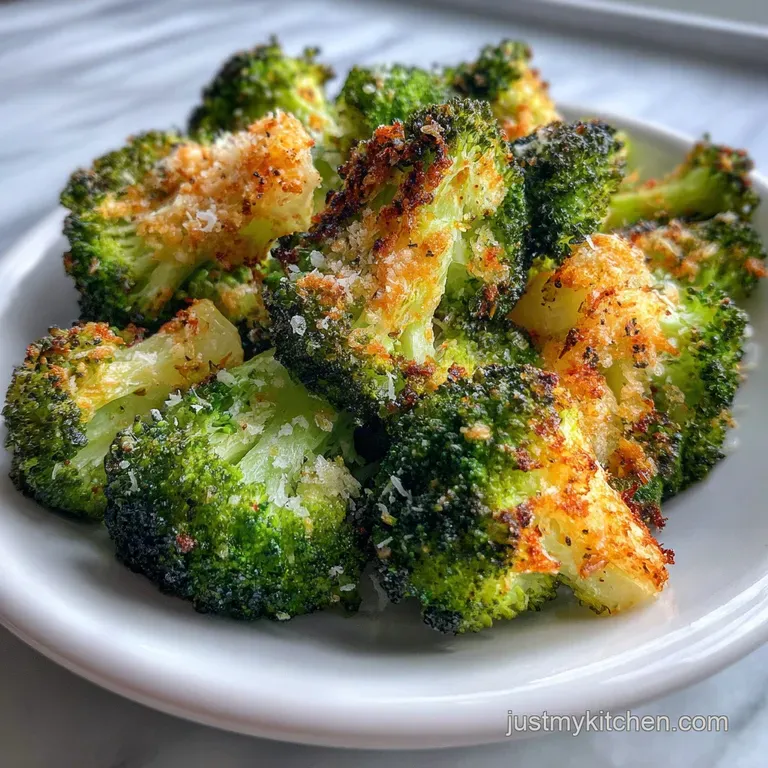Bright green air-fried broccoli, glistening with garlic parmesan, piled high on a clean, white plate, ready to serve.