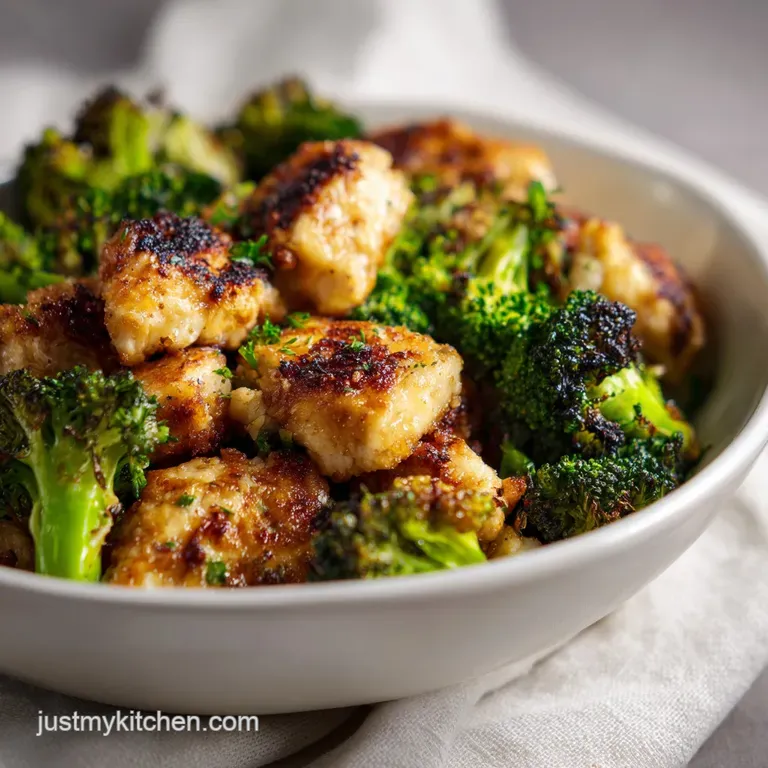 Crispy golden-brown chicken bites paired with tender green broccoli florets on a minimal white porcelain plate.