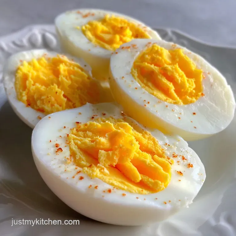 Halved hard-boiled egg with vibrant yellow yolk, speckled with crispy air fryer browning, next to a sprinkle of fresh herbs.