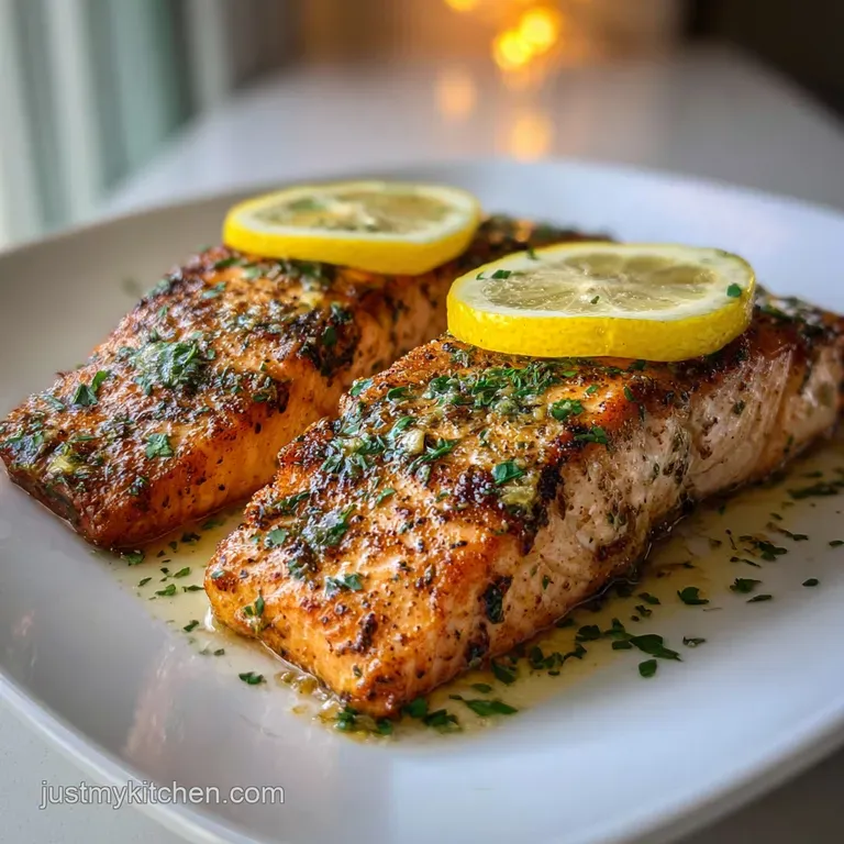 Perfectly cooked salmon fillet beside vibrant green asparagus spears, drizzled with golden butter sauce on a white plate. ...