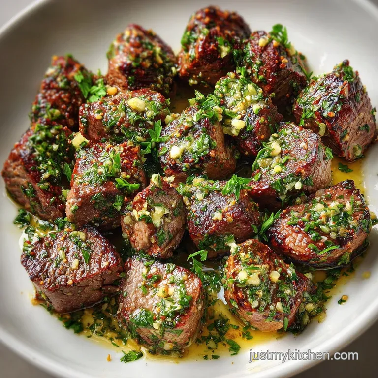 Perfectly seared steak bites arranged on a white plate, glistening with melted butter, garnished with vibrant green herbs ...