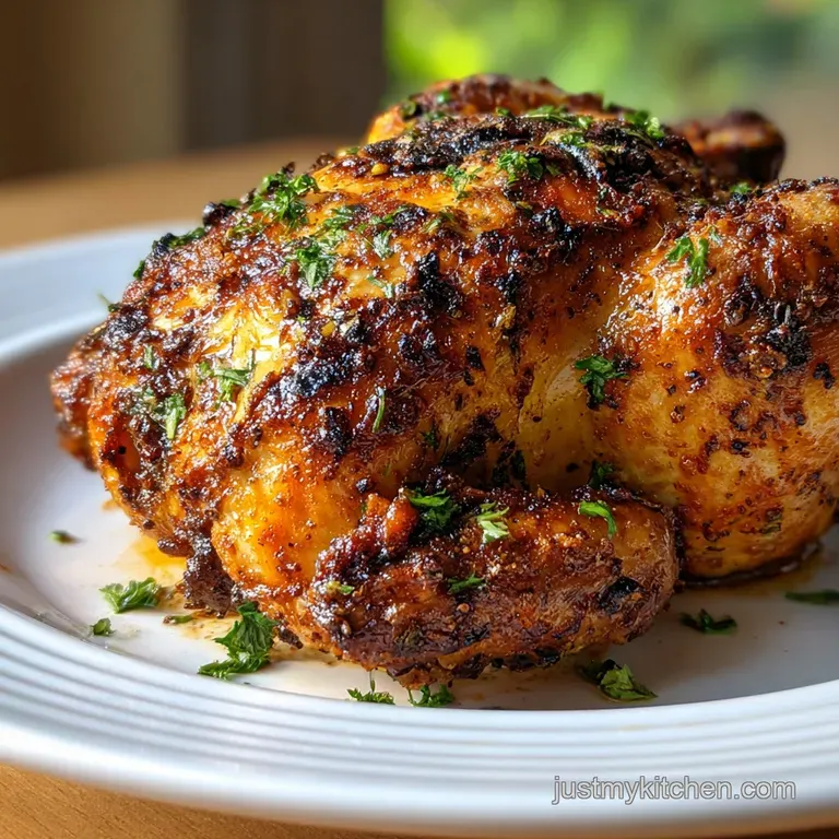 Plated juicy chicken with crispy skin, served with vibrant green vegetables and golden roasted potatoes. Steaming hot.