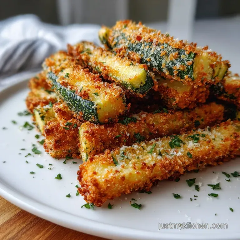 Air fryer zucchini fries artfully arranged in a cone, accompanied by a creamy dipping sauce, promising a delightful appeti...