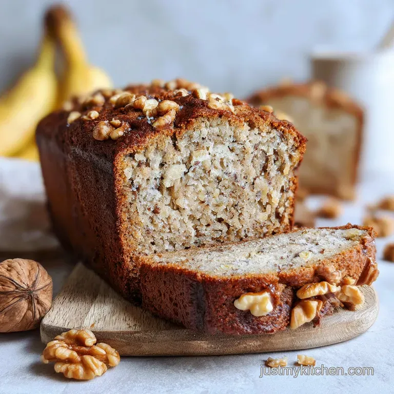 A thick slice of almond flour banana bread with walnuts, its crumbly edges glistening. Plated with a dusting of powdered s...