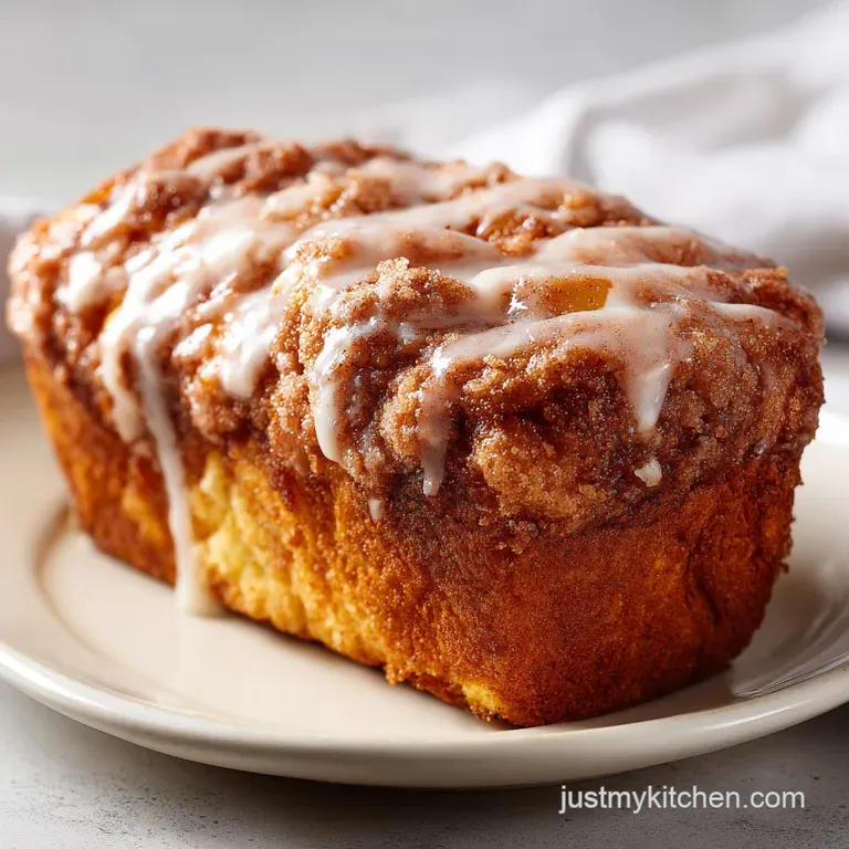 Slices of moist apple fritter bread arranged on a white plate. Glaze glistens. Soft, tempting texture with visible apple p...
