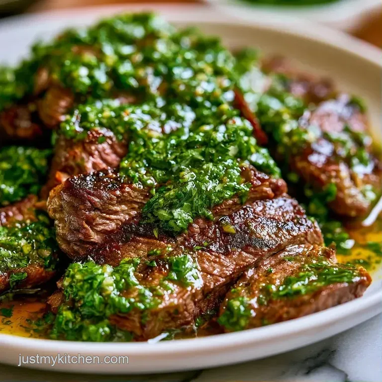 Glistening green herb sauce drizzled over a juicy seared steak on a matte black ceramic plate with fresh herbs.